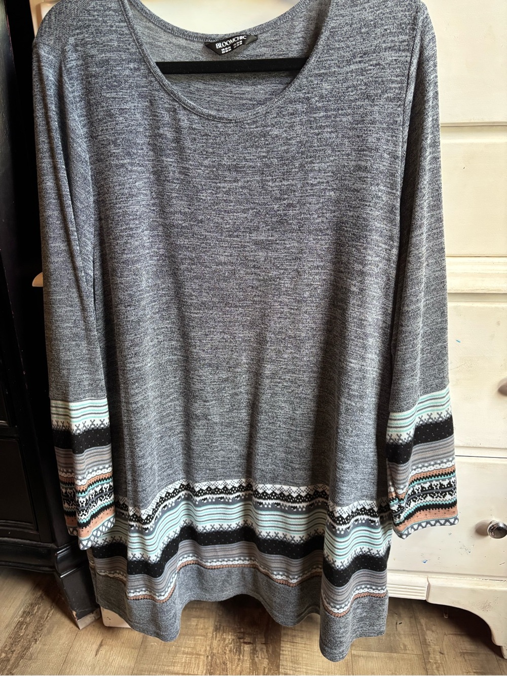 BloomChic Grey Knit Tunic with Patterned Hem and Cuffs